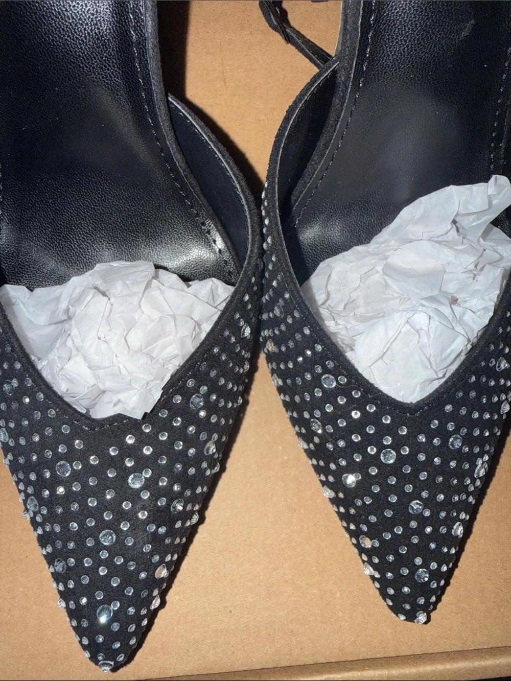 Black Pointed Toe Ankle Strap Women's Heels with Crystal Studs
